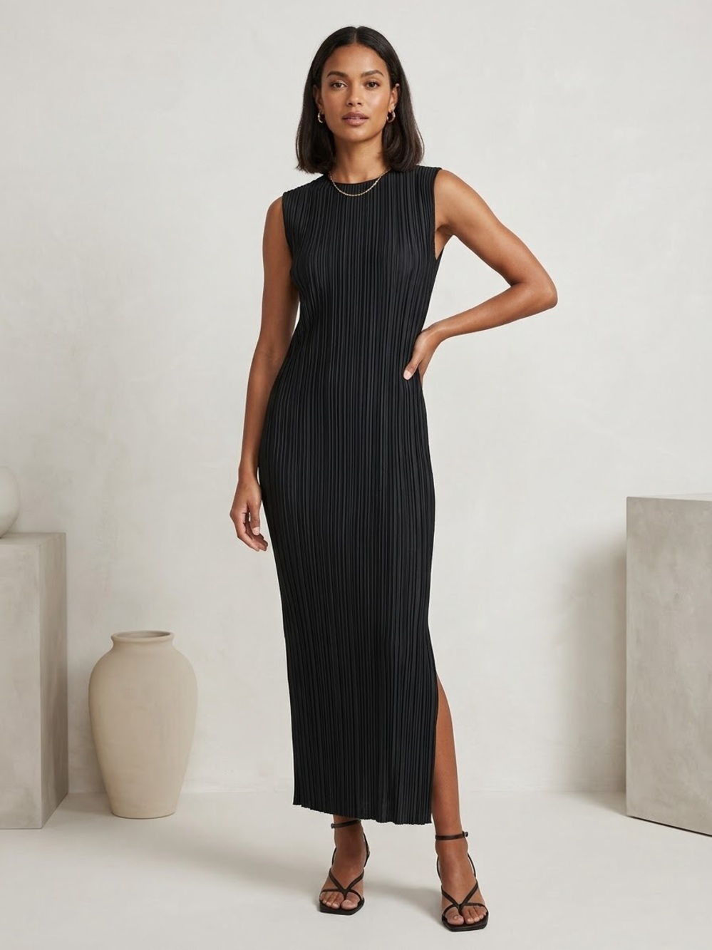 Anine Bing Melanie Pleated Midi Dress Black Sleeveless Side Slit Plisse Sz Small